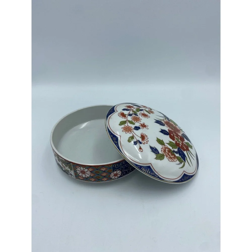 Vintage Artmark Japan Imari Floral Ceramic Trinket Jewelry Box 7